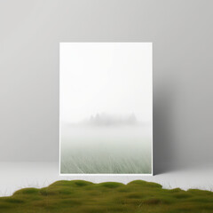 Wall poster mockup rolling fog and a vibrant meadow, AI generation.