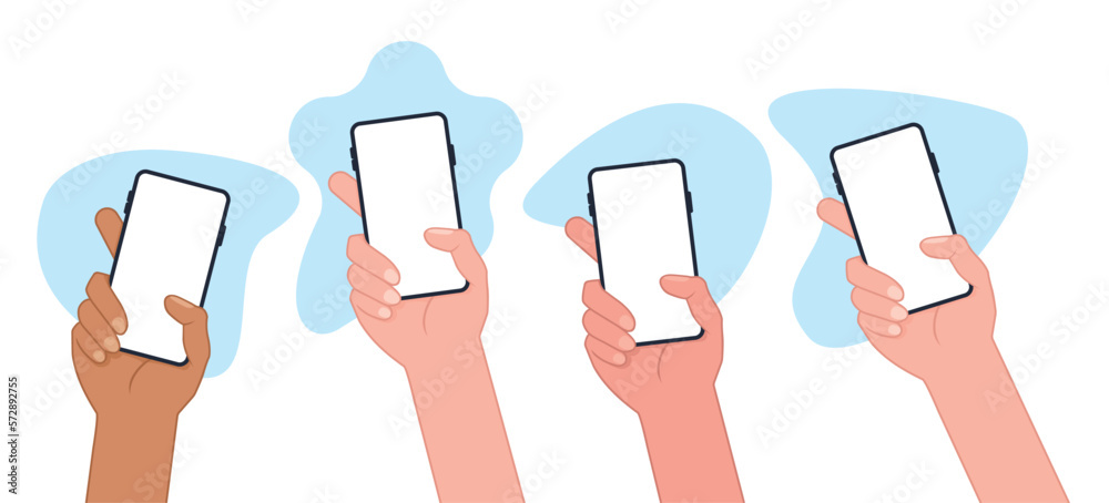 Poster mobile phone in hand collection - set of vector mockup illustrations of human hands holding smartpho