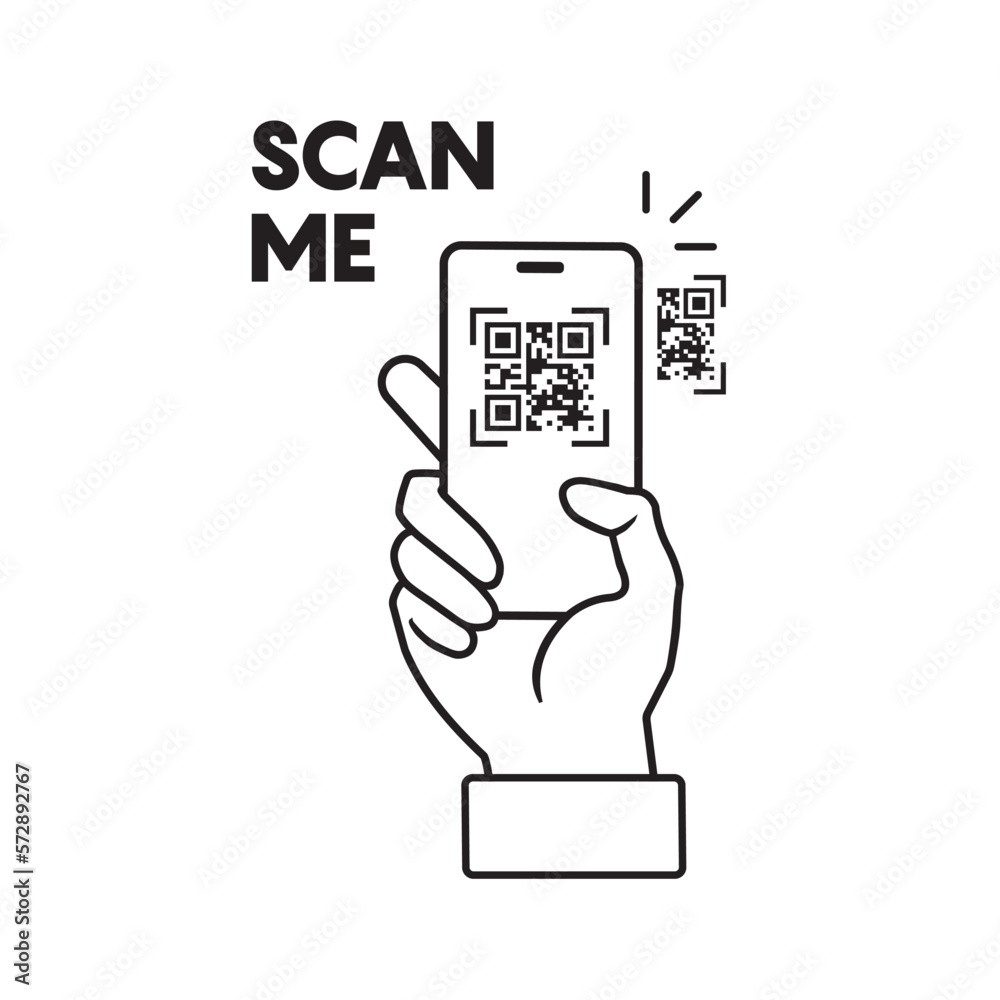 Poster scan qr code icon, payment hand with phone, scanner app, thin line symbol on white background - edit