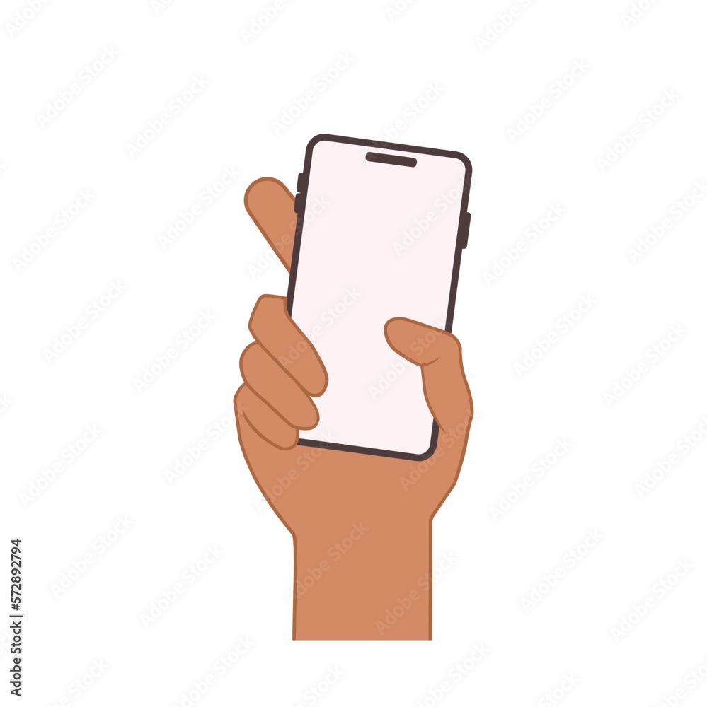 Poster hand holding the black smartphone with blank screen and modern frameless design. template vector ill