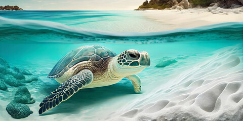 A sea turtle at beautiful beach with clear water and white sand. Created with generative AI. 
