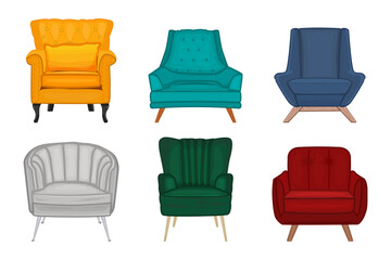 Set of trendy armchairs on white background. Collection of different vintage mid century modern arm chairs. Fashionable cushioned furniture elements. Soft chairs with upholstery. Vector illustration