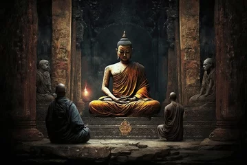  The way of Buddha. Photo-realistic illustration of a buddha sculpture, wallpaper, generative AI © BKKIllustrator