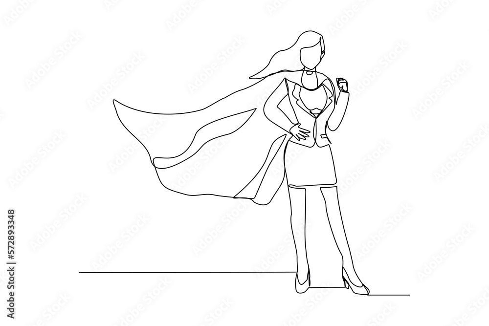 Wall mural Continuous single one line drawing of standing business super hero woman. Vector illustration concept of power employee, success achievement, business hero leader.