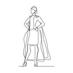 Continuous single one line drawing of standing business super hero woman. Vector illustration concept of power employee, success achievement, business hero leader.