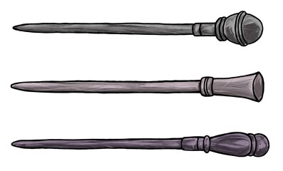 Set of three different dark black magic wooden wands. Magical wizard items. Halloween vintage traditional outfit. Hand drawn illustration isolated on a white background.