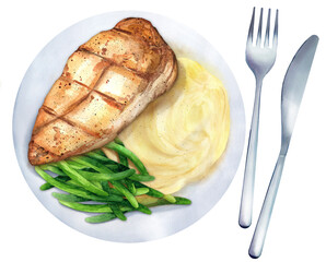 Grilled chicken breast with mashed potatoes and green beans. Watercolor illustration