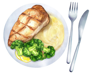 Grilled chicken breast with mashed potatoes and broccoli. Watercolor illustration