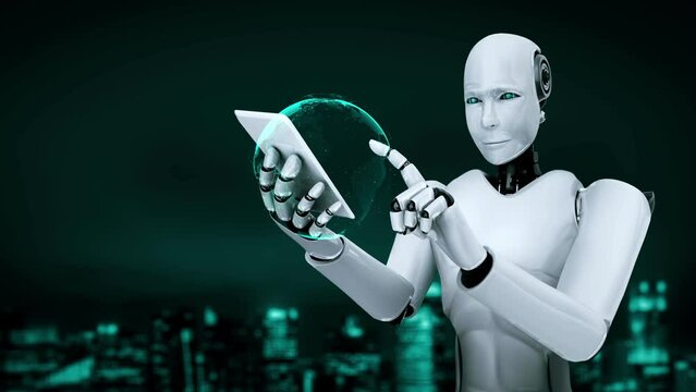Futuristic robot artificial intelligence huminoid AI programming coding technology development and machine learning concept. Robotic bionic science research for future of human life. 3D rendering.
