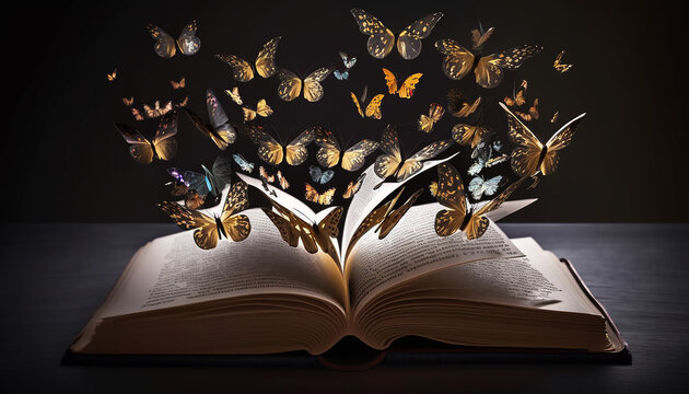 A book with butterflies flying out of it, World Book Day concept, Generative ai