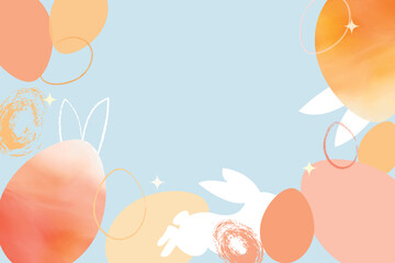 Easter holidays banner background with jumping rabbits bunny and Easter eggs watercolor style pastel shades pink and orange.  Space for text