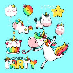 Illustration of a unicorn ready for a birthday party with balloons, pinata, cacke. Unicorns party. Vector illustration