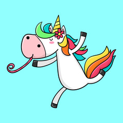 Illustration of a unicorn ready for a birthday party blowing a noisemaker. Unicorn party. vector illustration