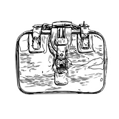 Black and white sketch of a briefcase with a transparent background