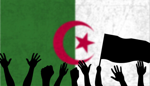 Winning or championship of Algeria country, celebrating concept, fans silhouette with flag