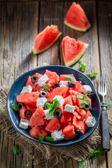 Healthy watermelon salad made of fresh and healthy ingredients.