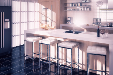Moderne Küche mit Kochinsel und Theke - 3D Visualisieurng