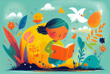 Minimalist childbook illustration girl reading book - obrazy, fototapety, plakaty