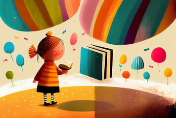 Minimalist childbook illustration girl reading book