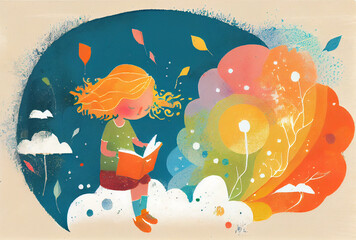 Minimalist childbook illustration redhead girl reading book on clouds