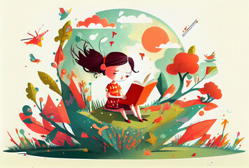 Minimalist childbook illustration redhead girl reading book in a park