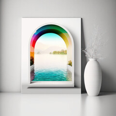 Wall poster mockup clear lake and a rainbow archway, AI generation.