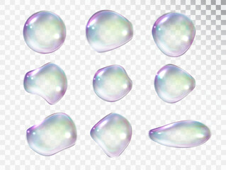 Rainbow soap bubbles with highlights and reflections of various shapes isolated on a light background. Set of transparent realistic bubbles.