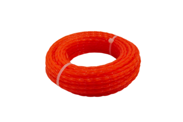 A spool of orange trimmer line for a grass,fishing line isolated on a white background, orange kapron fishing line for mowing grass