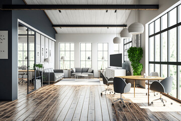 Modern eco spacious office with wooden floor and tables, big windows, grey top and white chairs. 3D rendering