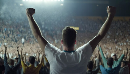 Fototapeta na wymiar Crowd goes wild as victorious man raises hands in a stadium filled with excitement, Generative AI