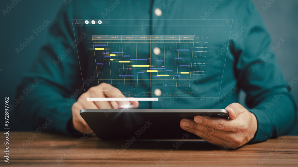 Poster Man working with technology computer in business analytics and data management system to make report with KPI and metrics connected to database. Corporate strategy for operations, planing, marketing.