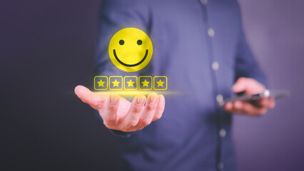 Businessman hand show happy smile face with 5 star. Positive review and feedback. Assessment customer services best excellent business rating experience, satisfaction survey and testimonial concept.