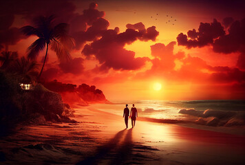 Romantic couple on a beach sunset