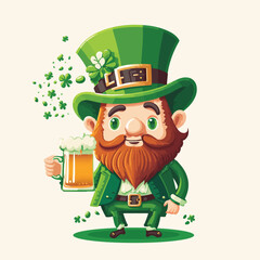 Cartoon Leprechaun Man Character Holding Beer Mug And Shamrock Leaves. St. Patrick's Day Concept.