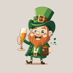 Cheerful Leprechaun Man Character Enjoying Drinks In Standing Pose. St. Patrick's Day Concept.