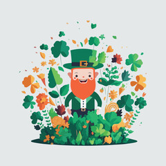 Cheerful Happy Leprechaun Man Character On Clover Landscape For St Patrick's Day Concept.