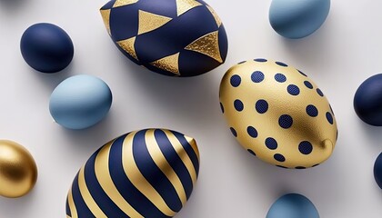pastel blue, navy and gold easter eggs, top view, flat lay, generative AI