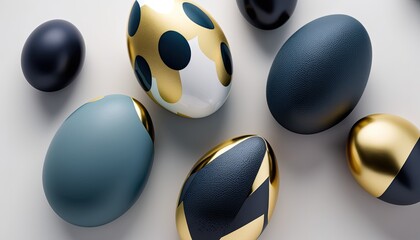 Fototapeta na wymiar pastel blue, navy and gold easter eggs, top view, flat lay, generative AI