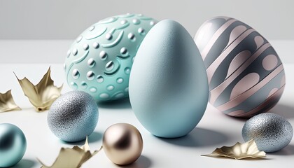 pastel blue and silver easter eggs, textured, top view, flat lay, generative AI