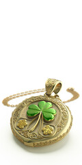 3D Render of Ethnic Green And Golden Clover Pendant And Copy Space. St Patricks Day Concept.