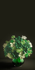 3D Render of Green And White Clover Plant Pot On Black Background. St. Patrick's Day Concept.