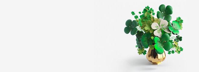 3D Render of Green And Golden Clover Plant Pot On White Background. St. Patrick's Day Concept.
