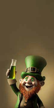 3D Render of Cheerful Leprechaun Man Enjoying Drink On Brown Background And Copy Space. St. Patrick's Day Concept.