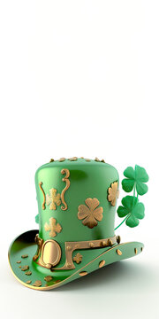 3D Render of Clover Leaves Printed Leprechaun Hat In Green And Golden Color And Copy Space. St. Patrick's Day Concept.