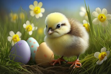 Adorable baby chick in a spring meadow with easter eggs. Ai generative.