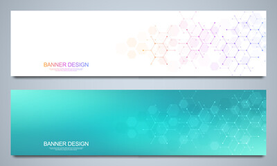 Banner design templates and headers for site with molecular structures background and chemical engineering. Science, medicine and innovation technology concept.