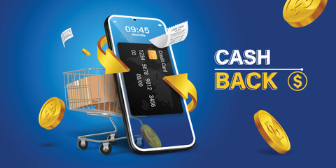 Cash back, money saving vector concept with dollar coins, wallet, arrows, credit card.Guarantee bonus program finance sticker. Online shopping, cash back sale offer emblem,Cash back service, financial