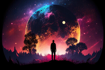 Man silhouette standing on futuristic planet surface and looking on cosmic landscape with nebula and galaxy. Generated with Generative AI - obrazy, fototapety, plakaty