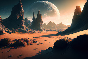 Landscape of unknown red planet surface with craters and mountains. Extraterrestrial landscape. Fantasy world. Created with generative ai.