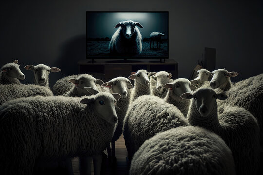 Concept of propaganda and fake news, TV addiction. Sheepd watching TV in dark room. Politicians manipulate the population. Created with Generative AI